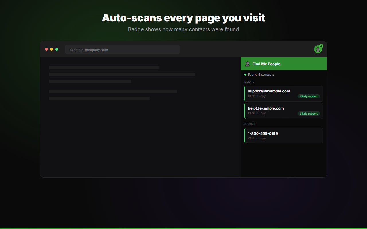 Auto-scan results with email and phone sections